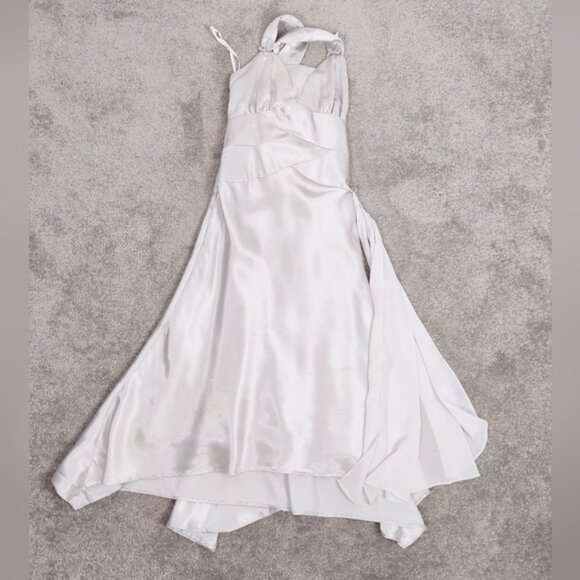Let's Fashion Silver Satin Evening Gown Size XS Party Cocktail - Picture 1 of 15